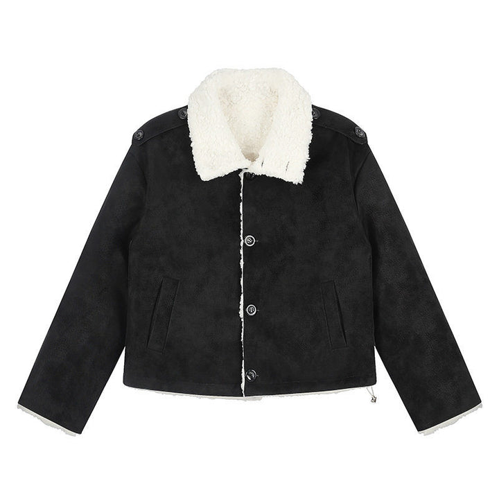 Damen Kurzgeschnittene Lammfell‑Optik Fliegerjacke mit Teddyfutter und Reverskragen Echoarchiv