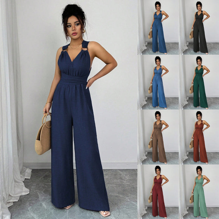 Damen Jumpsuit mit weitem Bein, tailliertem Wickelband und Ösen-Trägern Echo Archiv