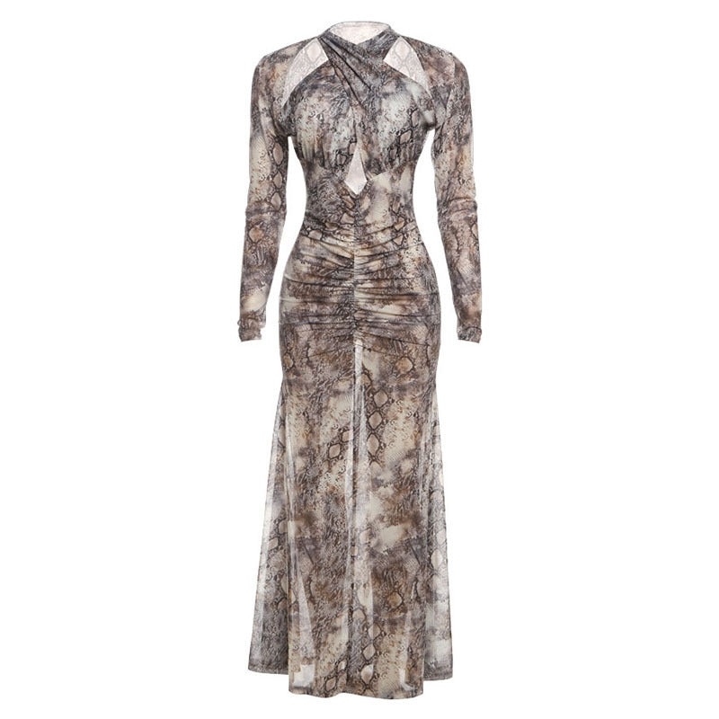 Damen Schlangehaut Maxikleid mit raffiniertem Schnitt und Deep-V-Ausschnitt Echo Archiv