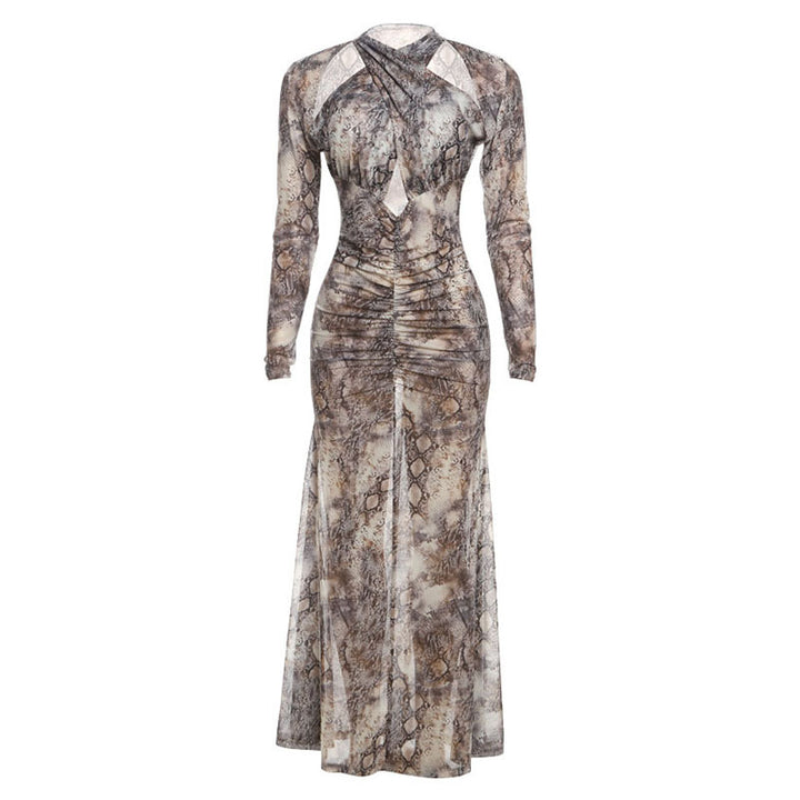 Damen Schlangehaut Maxikleid mit raffiniertem Schnitt und Deep-V-Ausschnitt Echo Archiv