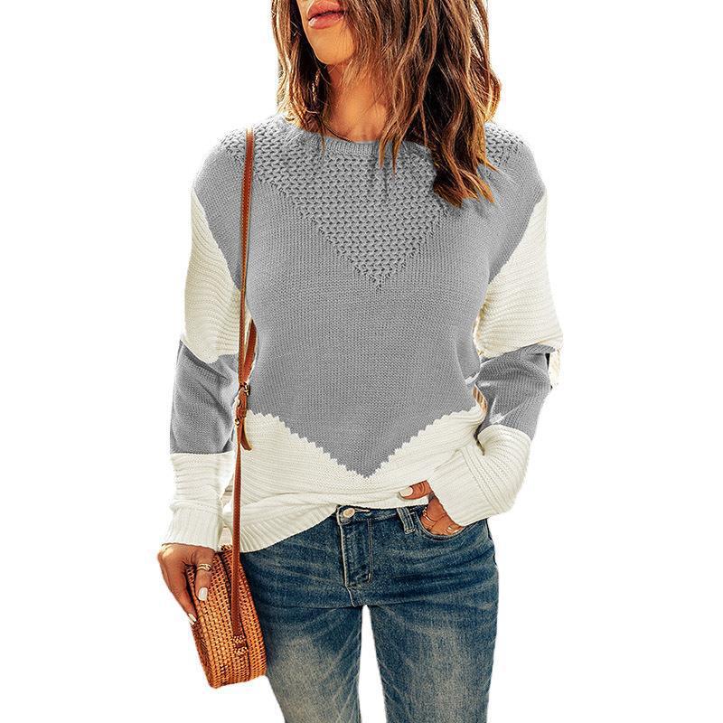 Damen Farbblock-Strickpullover mit strukturiertem Yoke und gerippten Ärmeln Echoarchiv