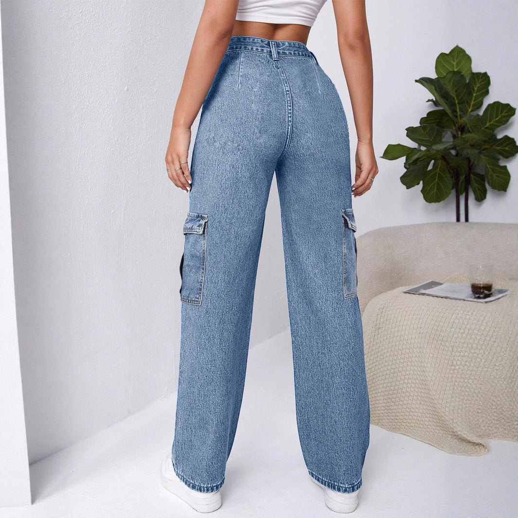 Damen Hochtaillierte Cargo-Weite-Jeans mit aufgesetzten Taschen und elastischem Saum Echo Archiv