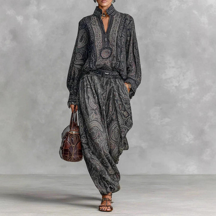 Damen Fließendes Boho-Zweiteiler-Set mit weiter Tunika und Haremshose im Paisley-Design Echo Archiv