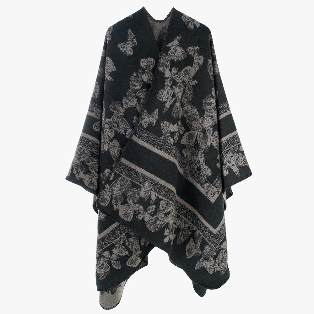 Damen Jacquard‑Capeponcho mit Schmetterlingsmuster und Wollmix‑Optik Echo Archiv