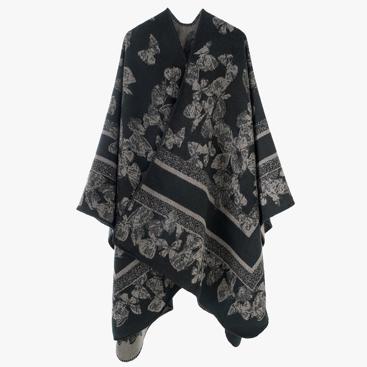 Damen Jacquard‑Capeponcho mit Schmetterlingsmuster und Wollmix‑Optik Echo Archiv