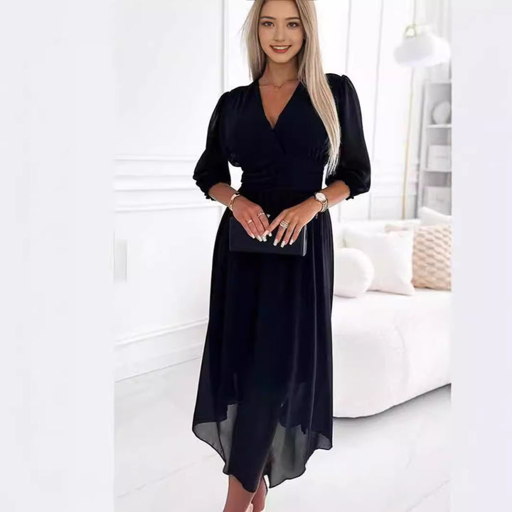 Damen Chiffon Maxi Kleid mit V-Ausschnitt, Rüschengesäß und 3/4 Ärmeln Echoarchiv