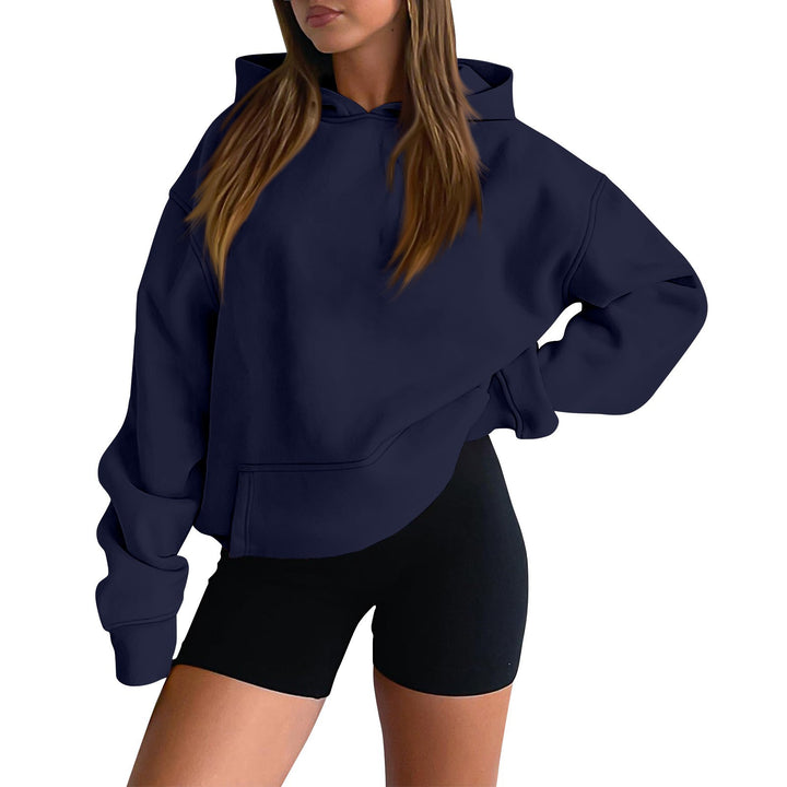 Damen weicher Oversize-Kapuzenpullover mit asymmetrischem Saum Kängurutasche und überschnittener Schulter – Auréline