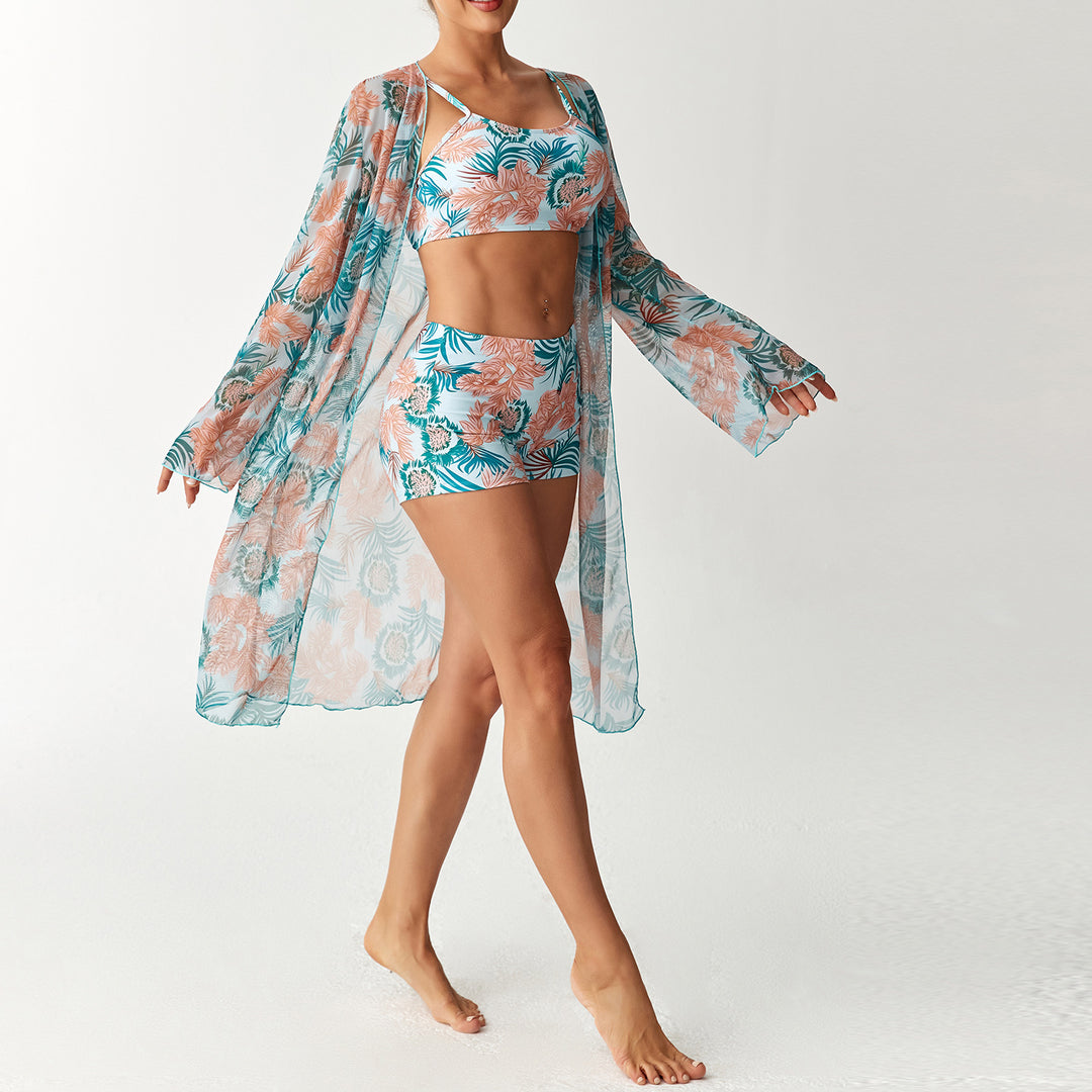 Damen Strandoutfit mit floralem Design und transparentem Kaftan Echo Archiv