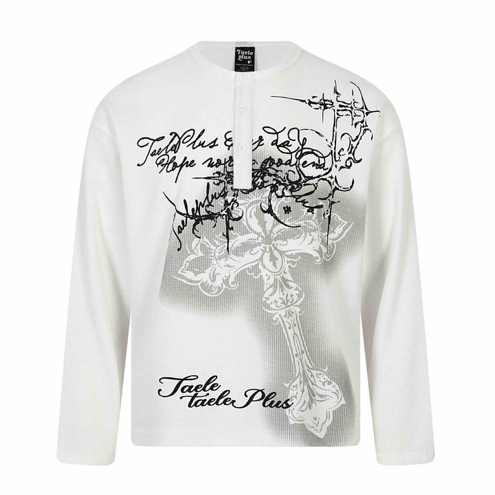 Herren Langarm-Henleyshirt mit Waffelstruktur, Knopfleiste und großflächigem Grafikprint Echoarchiv
