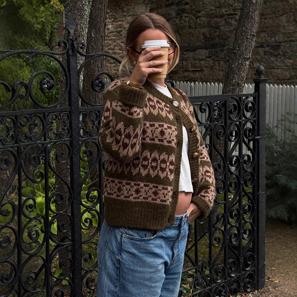 Damen Norwegermuster-Strickjacke mit Knopfleiste und geripptem Saum Echoarchiv