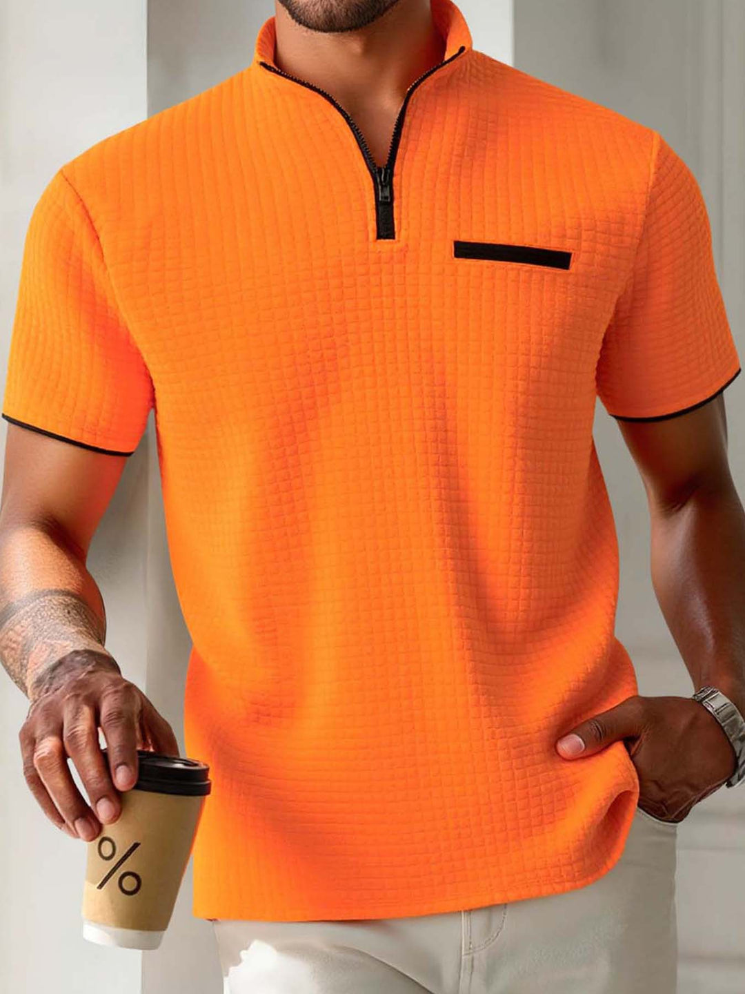 Herren modisches Kurzarm-Poloshirt mit Reißverschluss und strukturiertem Design Echoarchiv