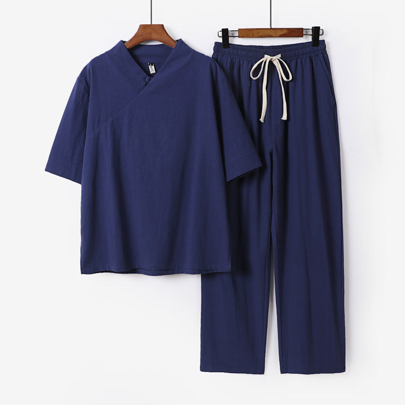 Unisex Leichtes Kimono-Loungewear-Set mit V-Ausschnitt und Tunnelzug-Hose Echoarchiv
