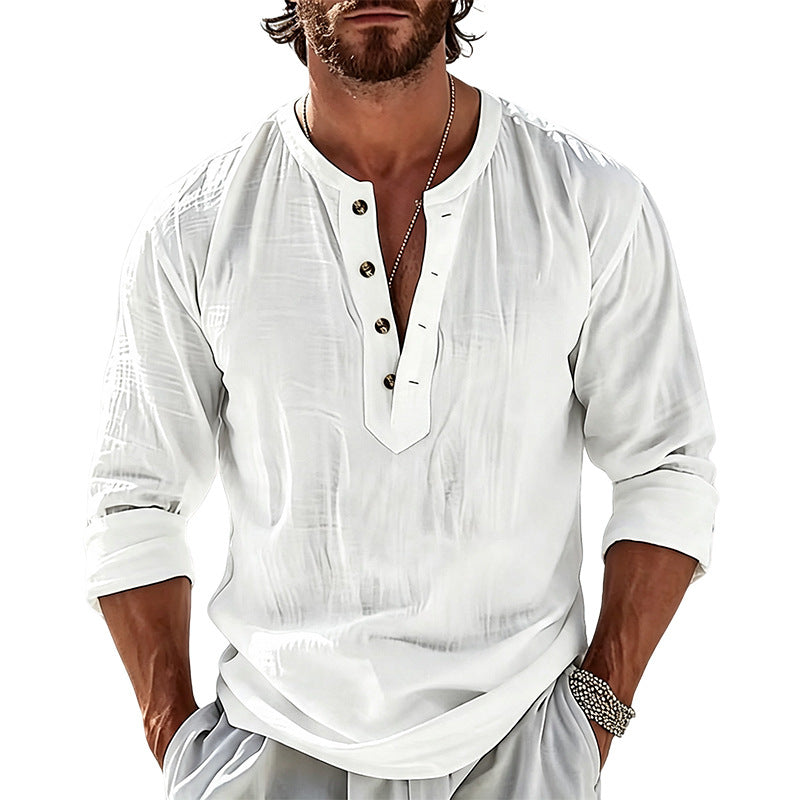 Herren Leichtes Leinen-Henley-Langarmshirt mit Mandarin-Kragen Echoarchiv