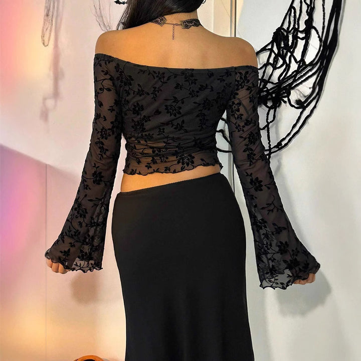 Damen nan transparentes Mesh-Top mit floraler Samt-Flock-Applikation, Carmen-Ausschnitt und kurzem Taillen-Saum Echo Archiv