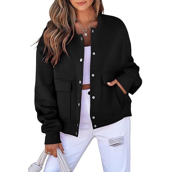 Damen lässige Oversize-Bomberjacke aus Sweatstoff mit Druckknopfleiste und aufgesetzten Taschen Echo Archiv