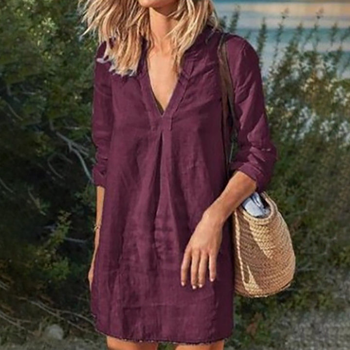 Damen nan Leinen Tunika Kleid mit V-Ausschnitt knielang lockere A-Linie Echo Archiv