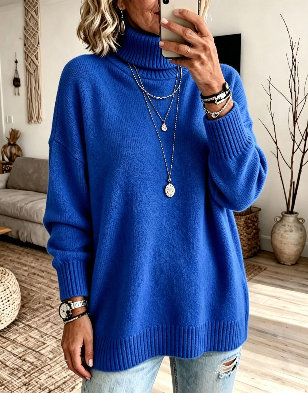 Damen Oversize Rollkragenpullover aus Feinstrick mit gerippten Bündchen und überschnittener Schulter – Mavelle