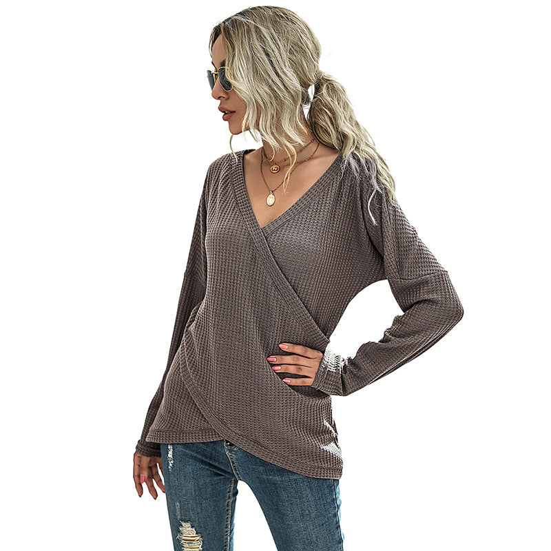Damen Waffelstrick‑Wickelshirt mit V-Ausschnitt und langer Oversize-Ärmelpassform – Mavelle