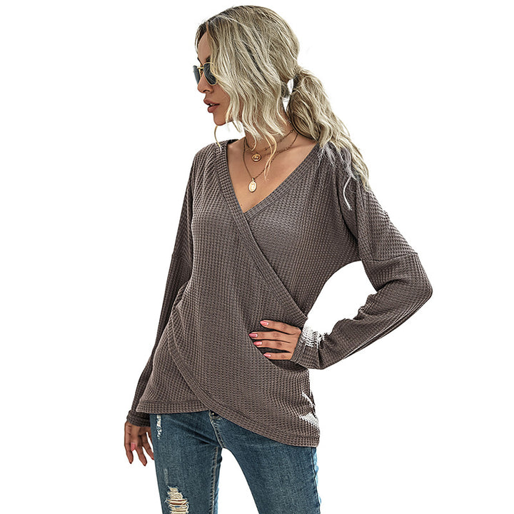 Damen Waffelstrick‑Wickelshirt mit V-Ausschnitt und langer Oversize-Ärmelpassform – Mavelle