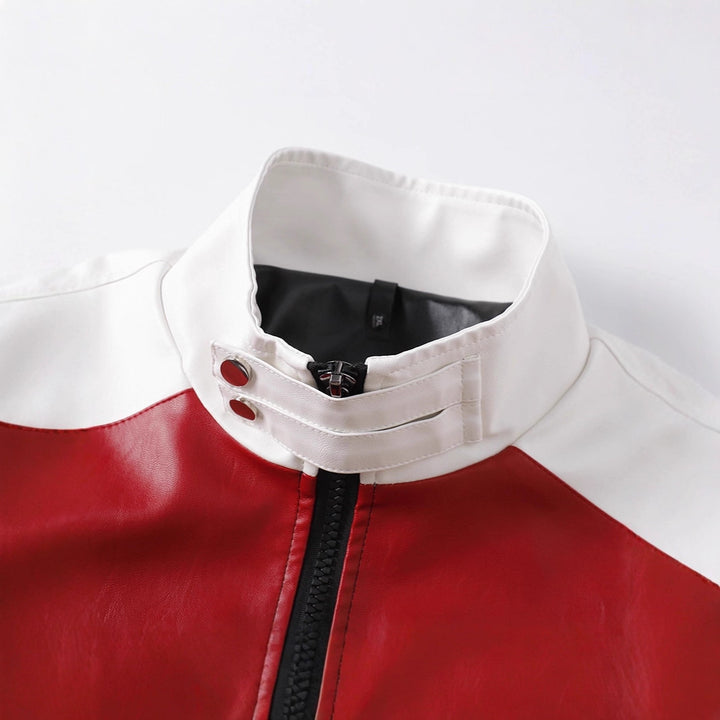 Herren Colorblock Kunstleder-Bomberjacke mit Stehkragen und beidseitigem Reißverschluss Echoarchiv