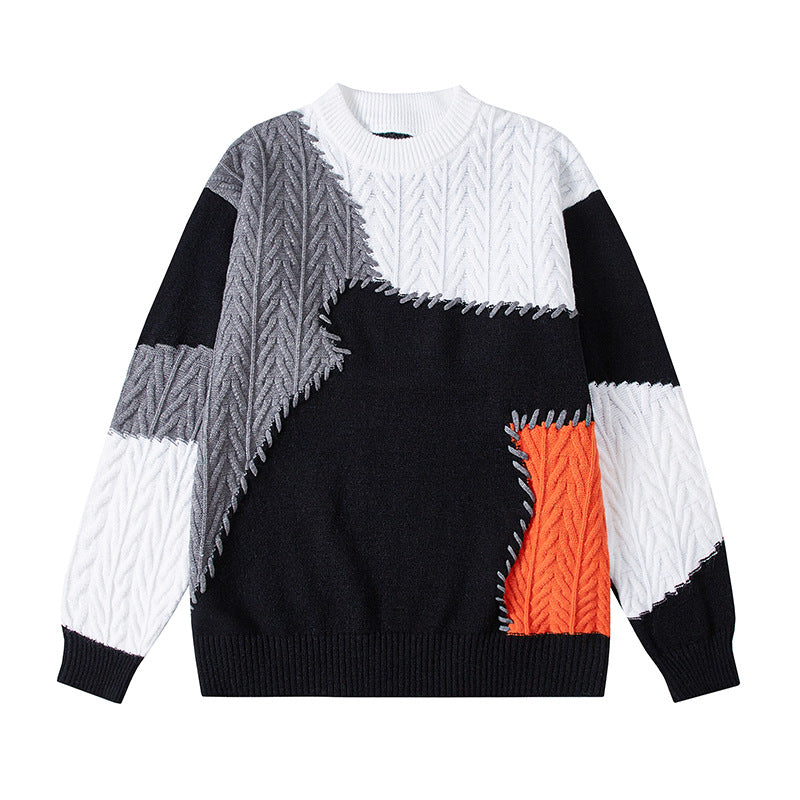 Herren nan strukturierter Patchwork-Strickpullover mit Zopfmuster und Rundhals Echo Archiv