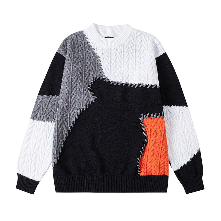 Herren nan strukturierter Patchwork-Strickpullover mit Zopfmuster und Rundhals Echo Archiv