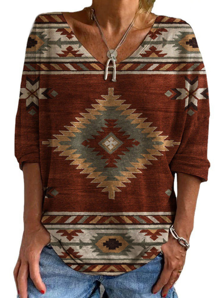 Damen Aztekisch gemustertes Oversize-Tunika-Top mit V-Ausschnitt und dreiviertel-Ärmeln – Avérine