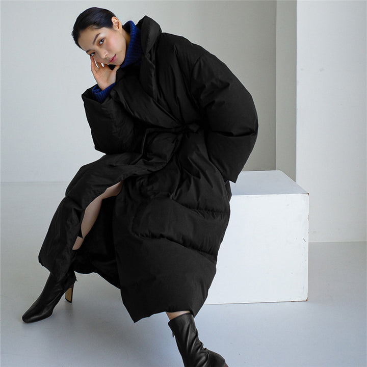Damen Oversized Steppmantel Maxi mit hohem Stehkragen, Bindegürtel und winddichter Füllung Echoarchiv