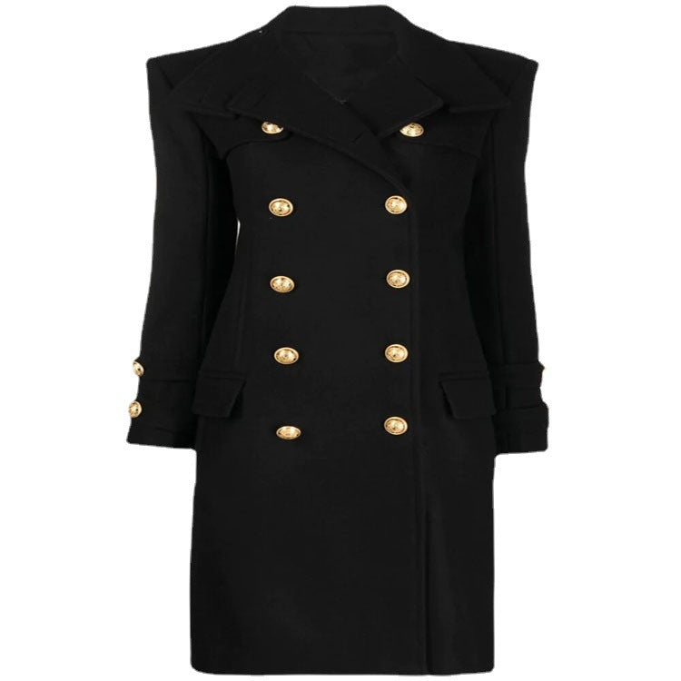 Damen Eleganter Wollmix-Longcoat im Marineinspirierten Doppelreiher mit Oversized-Schalkragen und Zierärmeln Echoarchiv