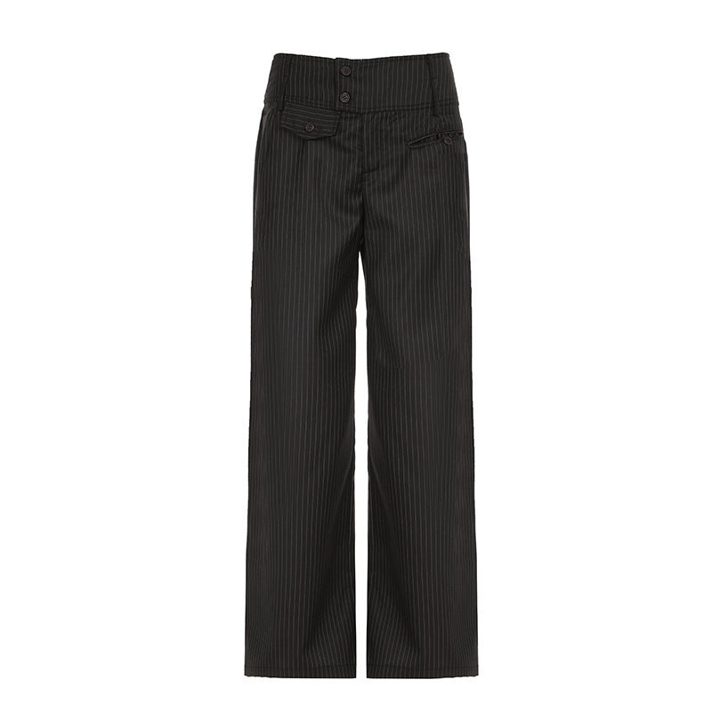 Damen Elegante weit geschnittene Streifenhose mit hoch sitzendem Bund und dekorativen Knopfdetails Echo Archiv