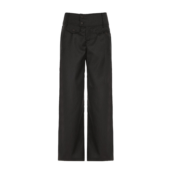 Damen Elegante weit geschnittene Streifenhose mit hoch sitzendem Bund und dekorativen Knopfdetails Echo Archiv