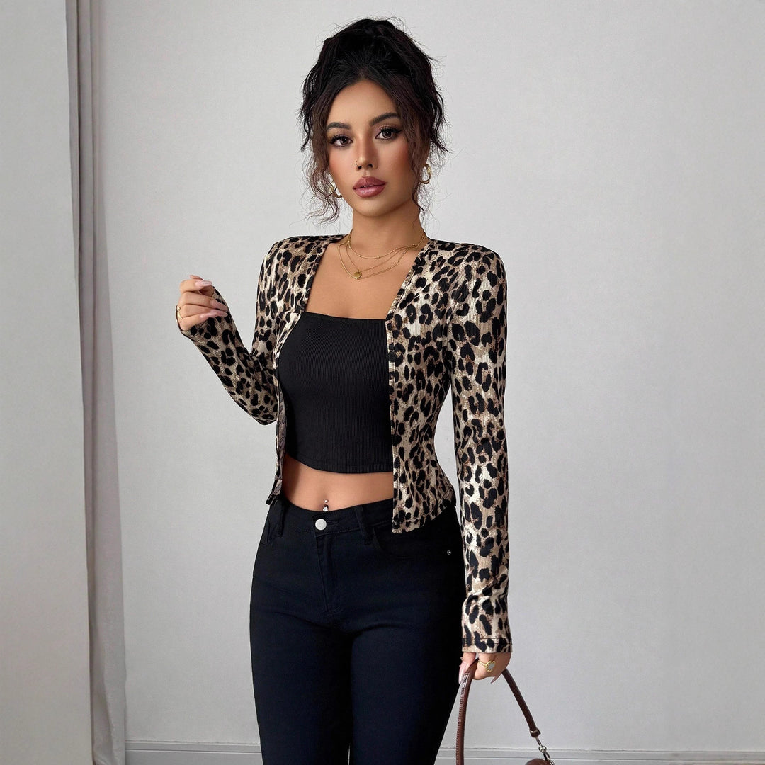 Damen nan taillierter Kurzblazer aus Stretchjersey mit Leopardenstruktur und schmaler Passform Echo Archiv