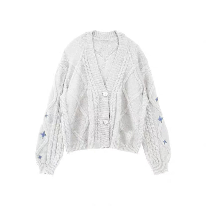 Damen nan oversize Strickcardigan mit Zopfmuster und Sternapplikationen V-Ausschnitt Knopfleiste Echo Archiv