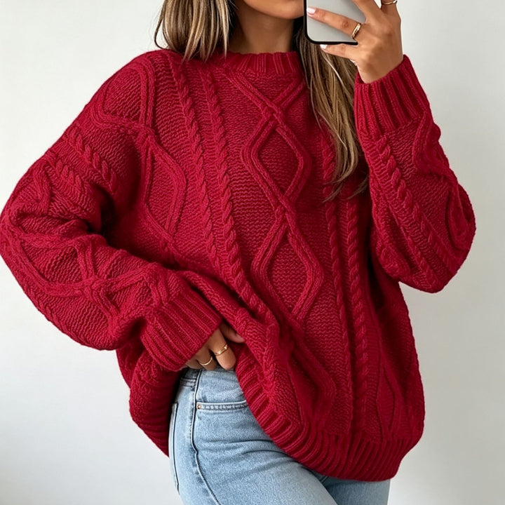 Damen Oversize Flechtstrick-Pullover mit Zopfmuster und Rundhals – Mavelle