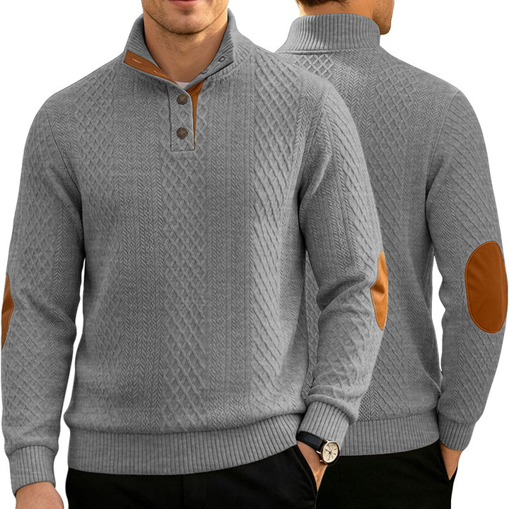 Herren Kabelstrick Troyer Pullover mit Stehkragen und Lederoptik-Ellbogen-Patches – Norvane