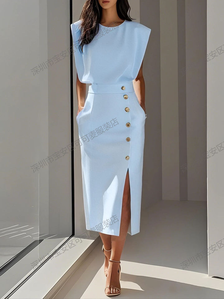 Damen Elegantes Abendkleid mit hohen Schultern und seitlichem Schlitz Echo Archiv