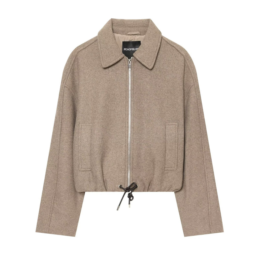 Damen Kurze Wollmix-Jacke mit Frontreißverschluss und Kordelzugsaum Echoarchiv