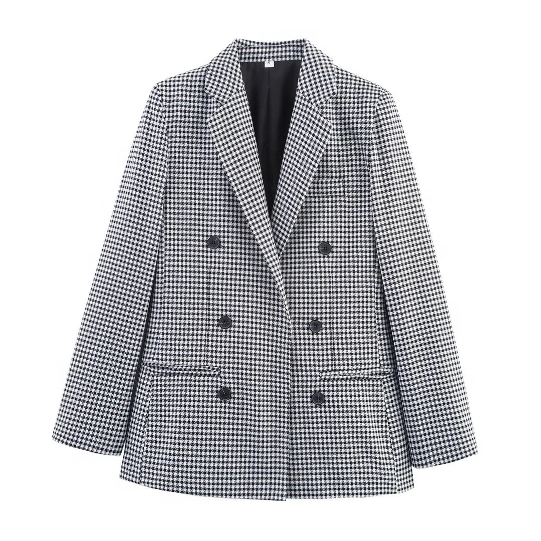 Damen taillierter Longblazer im Doppelreiher mit Reverskragen und Pattentaschen – Valéne