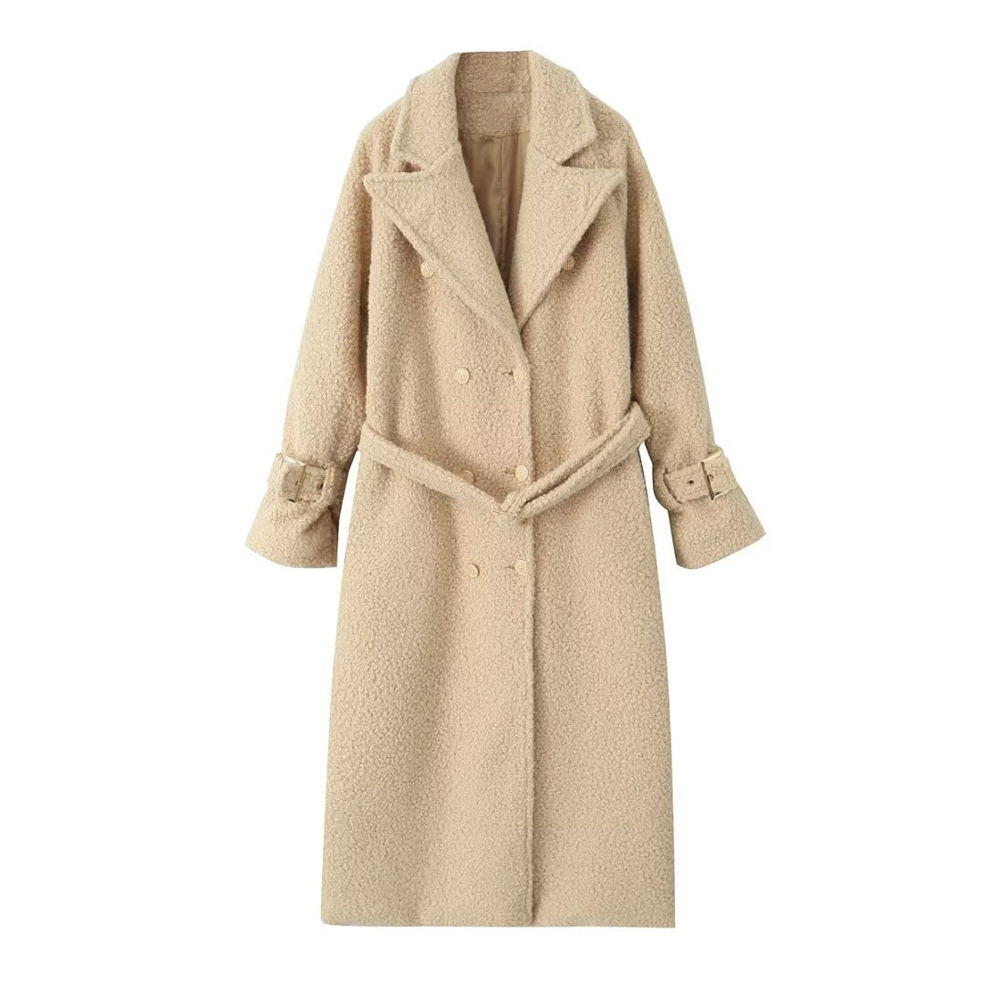 Damen Zweireihiger Teddy‑Mantel mit Bindegürtel und Schnallenärmeln Echo Archiv