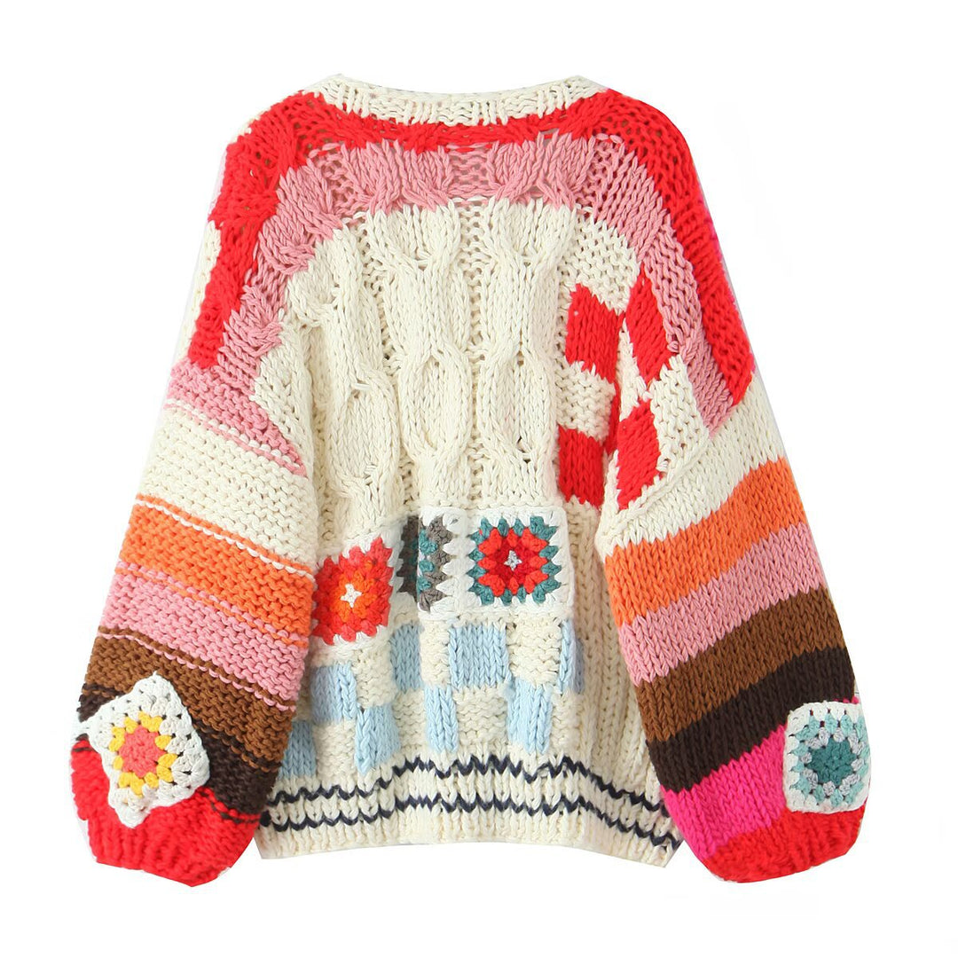 Damen Grobgestrickte Boho-Cardigan mit Häkelpatchwork Echoarchiv