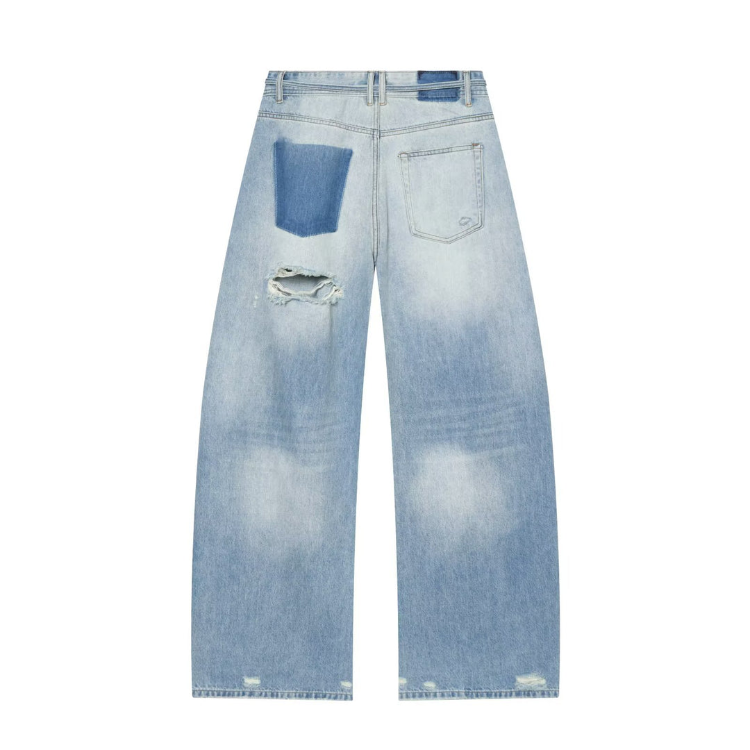 Damen Hochgeschnittene weite Denim-Jeans mit Destroyed-Details und Tunnelzug Echo Archiv