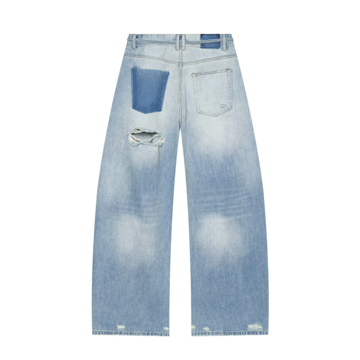 Damen Hochgeschnittene weite Denim-Jeans mit Destroyed-Details und Tunnelzug Echo Archiv