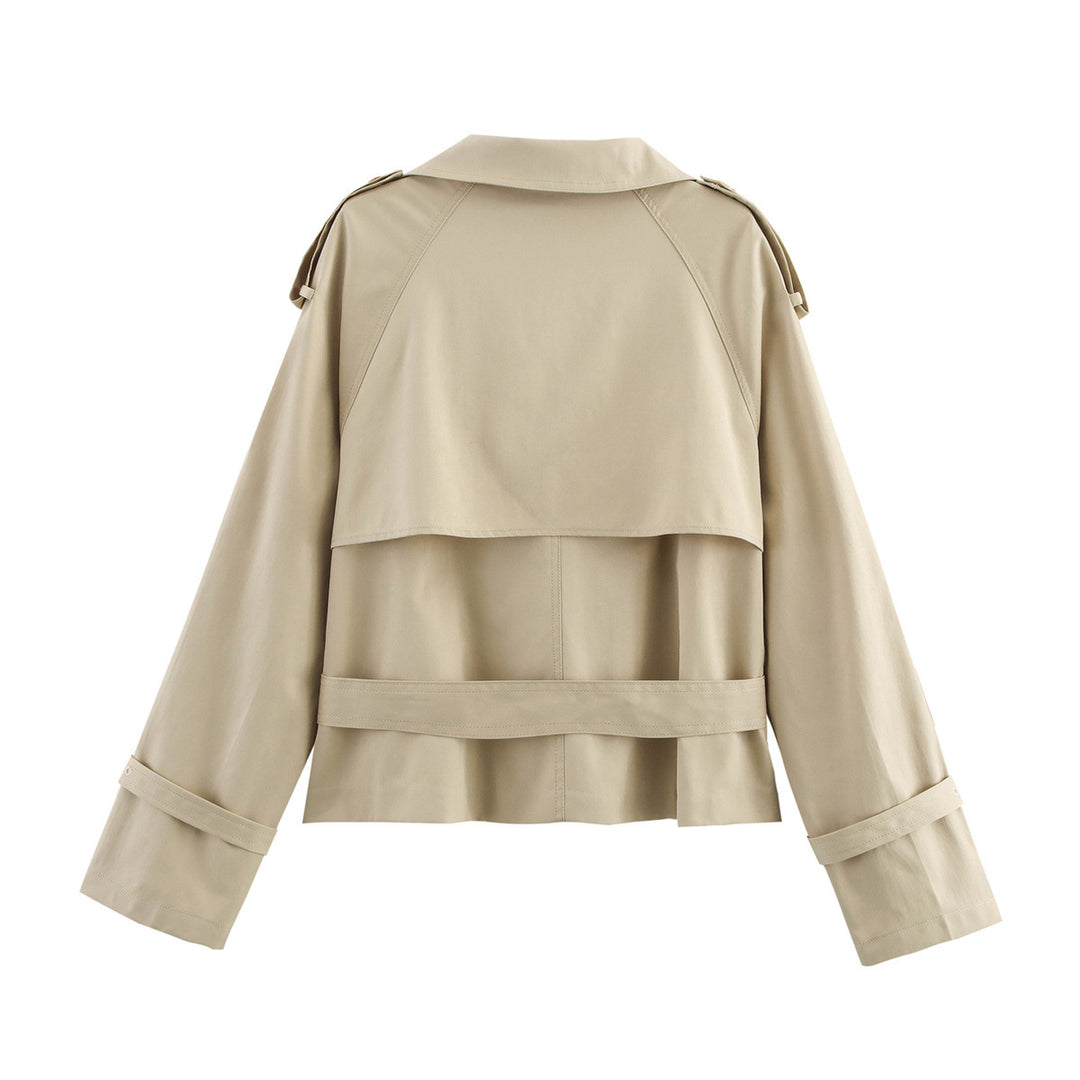 Damen Kurz-Trenchjacke mit Doppelreihe, Stehkragen, Schulterklappen und Taillengürtel Echo Archiv