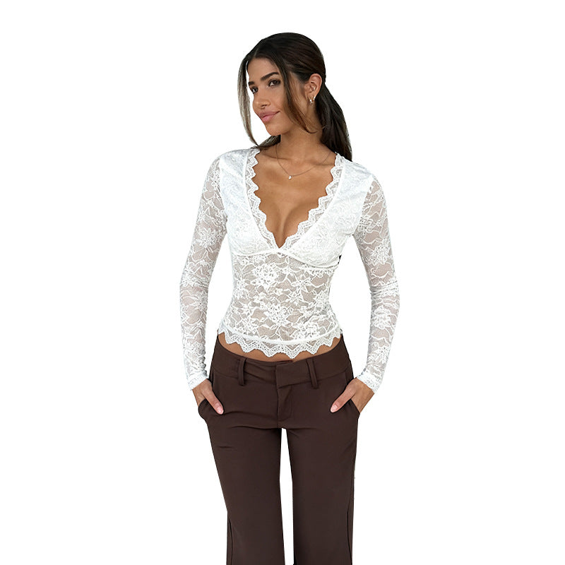 Damen Spitze Langarmshirt mit V-Ausschnitt und Rüschen Echo Archiv