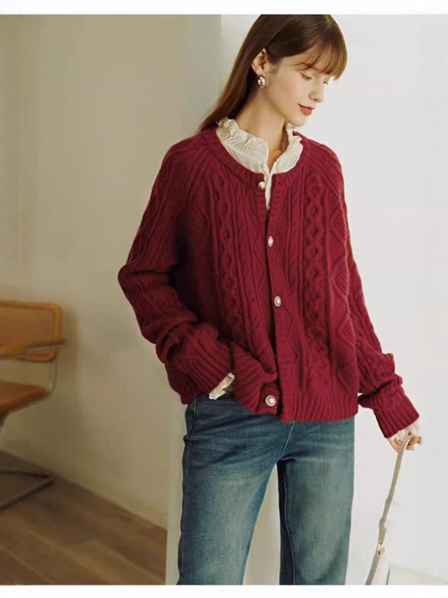 Damen Kuscheliger Zopf- und Rautenstrick-Cardigan mit Perlmuttknopfblende Echoarchiv