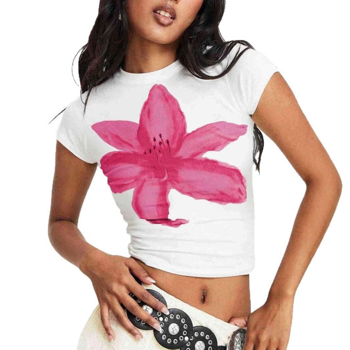 Damen Kurzarm T-Shirt mit floralem Aquarell-Motiv und figurbetontem Schnitt Echo Archiv