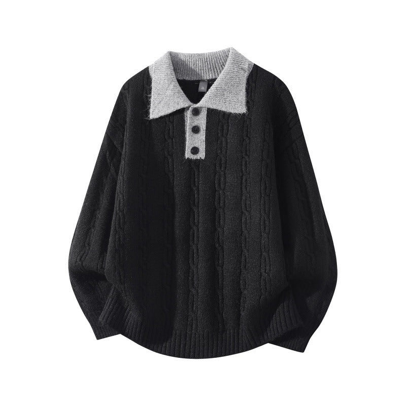 Herren Oversize Zopfmuster-Polo-Strickpullover mit Kontrastkragen und Dreiknopfleiste Echoarchiv