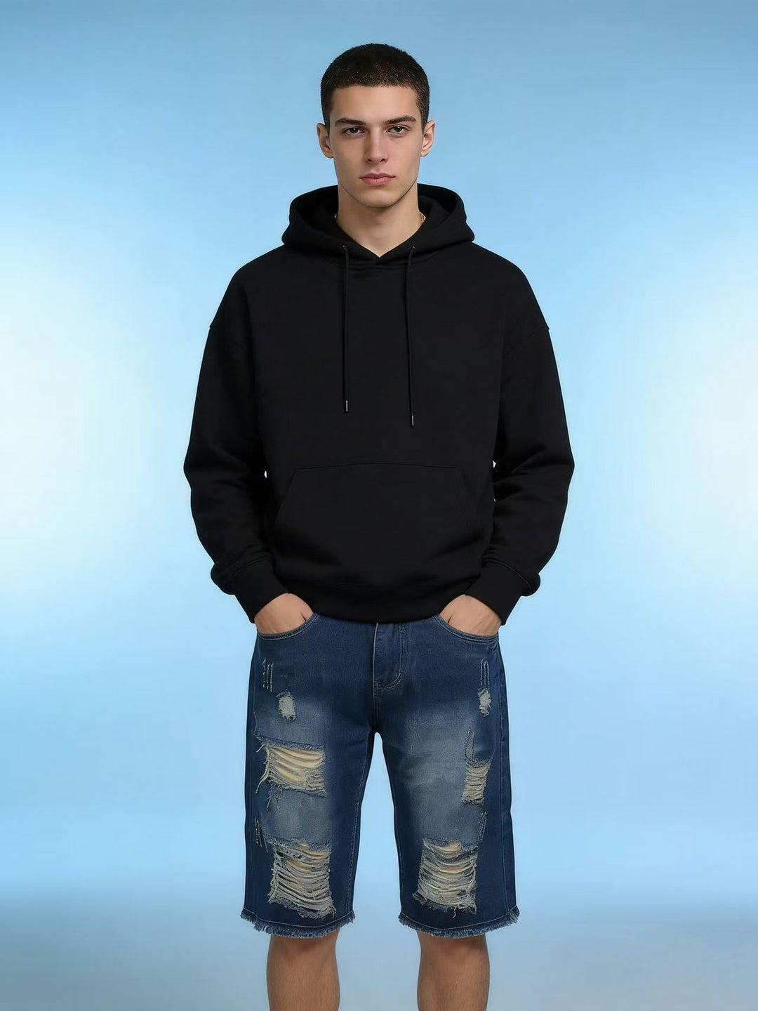 Herren lässige destroyed Jeansshorts mit fransigen Abschlüssen und weitem Bein Echo Archiv