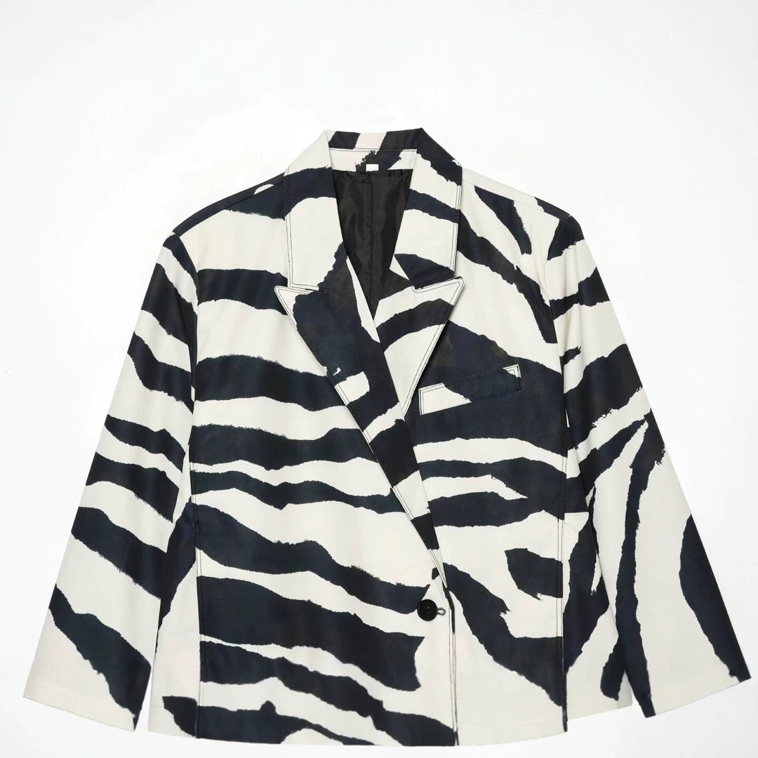 Damen Oversize-Blazer mit Zebra-Print, fallendem Revers und Pattentaschen Echo Archiv