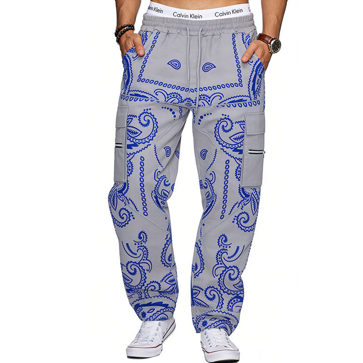 Herren nan Cargo-Jogginghose mit Paisley-Muster, elastischem Bund, multiple Reißverschluss- und Klappentaschen Echo Archiv